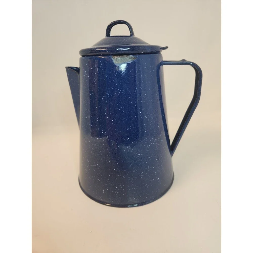Enamel Coffee Pot Perculator 8 Cup Camp Coffee Pot Blue Speckled Enamel insert
